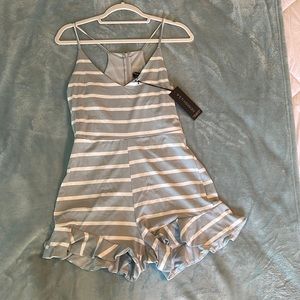 Hemish Blue/Grey and White striped spaghetti strap romper